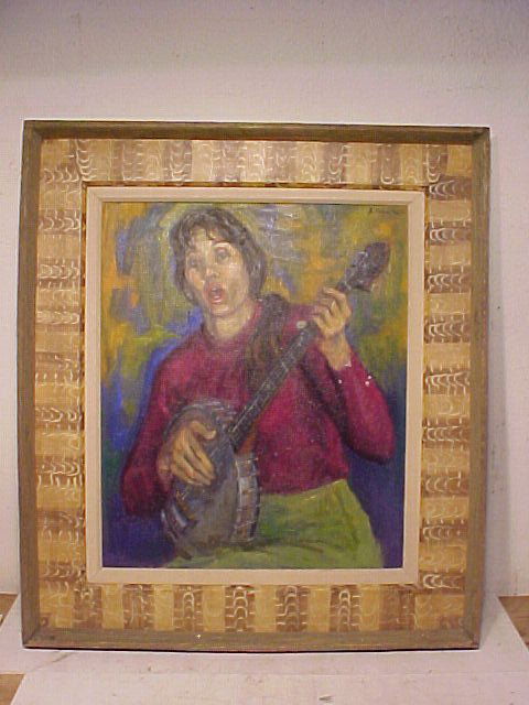 Oil, "Banjo Picking Girl", Susan Kahn: Oil on canvas, titled "Banjo Picking Girl", signed Susan Kahn, gallery label on back, 24" by 20", in Heydenryk frame, left arm sleeve has white blotches, looks like paint, canvas in good condition.