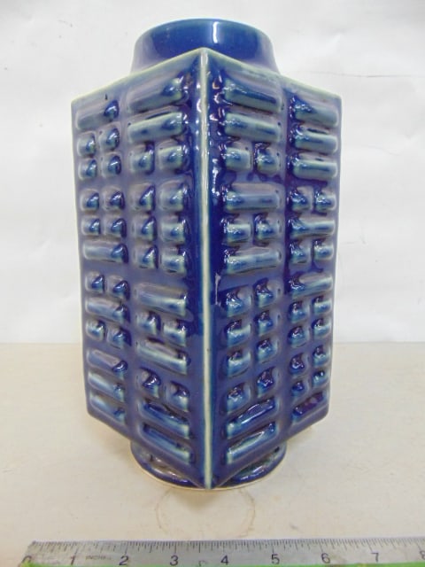 Chinese vase, blue glaze, square form with repetitive designs, signed, vase is 5.5" by 5.5", height (1 of 7)
