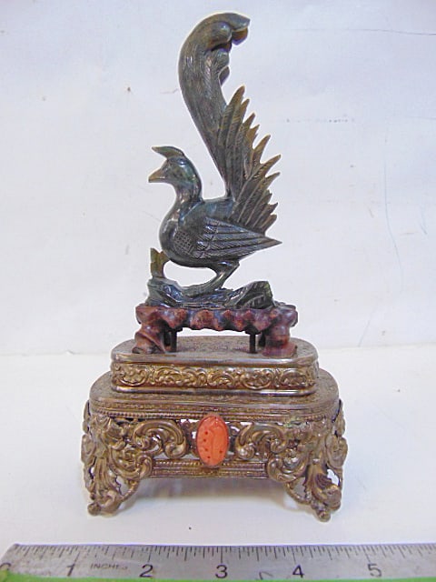 Carved Chinese hard stone exotic bird on brass base, few feathers are chipped, height is 8.5" (1 of 5)