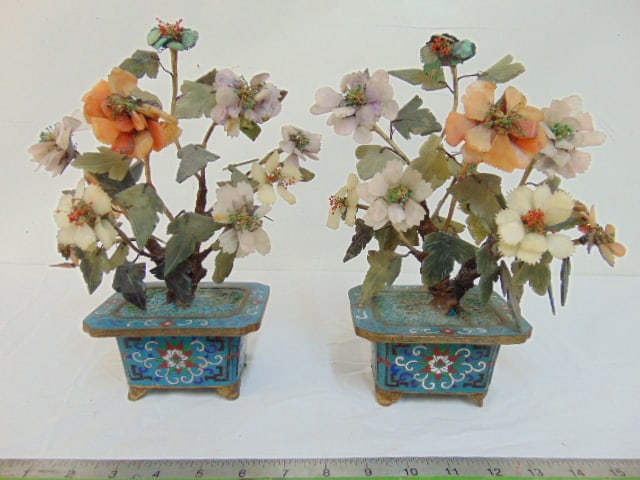 Pair Chinese Jade & hardstone trees in cloisonne planters, 11" tall. (1 of 4)