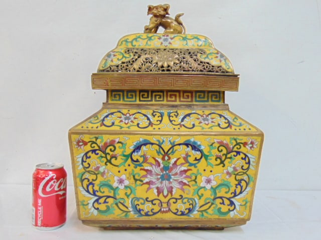 Large cloisonne lidded incense burner with foo dog finial, in yellow with floral designs, 13 5/8" by (1 of 7)
