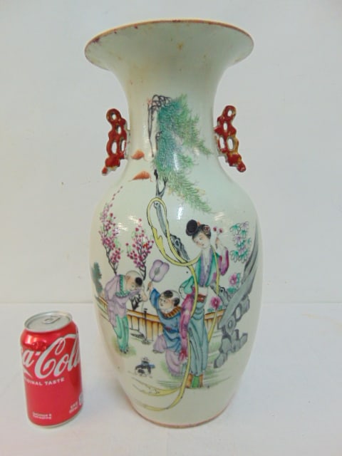 Chinese porcelain vase, mother & children playing scene, calligraphy on reversed paint on handles & (1 of 4)