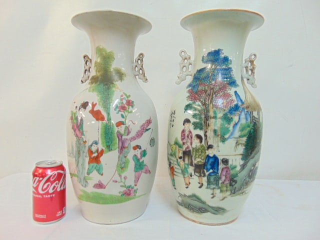 Two Chinese porcelain vases, various figures, flowers & calligraphy on back side, both have (1 of 12)