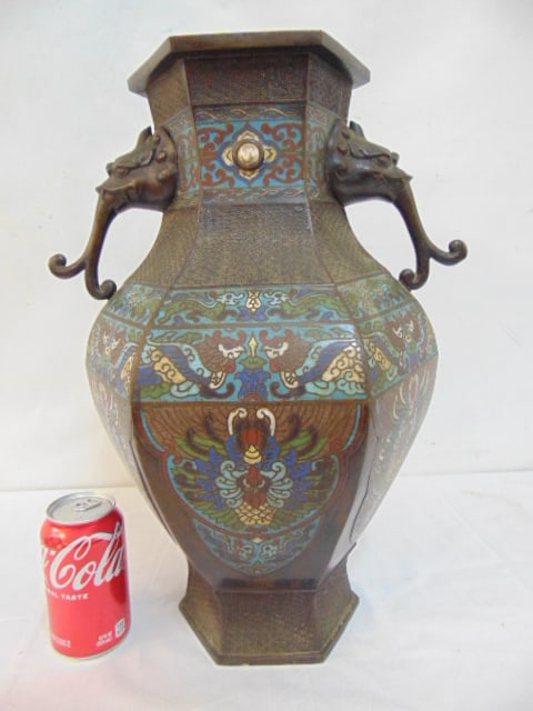 Large hexagonal shaped champleve bronze urn, vase with elephant handles, height is 18" (1 of 5)