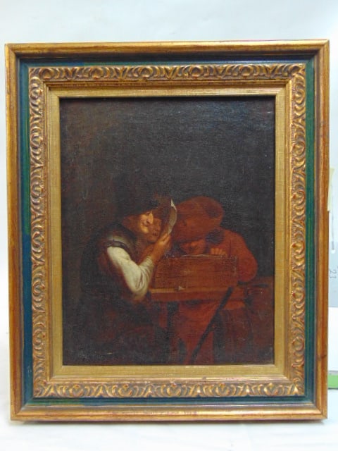 Painting, figures by table reading a letter, unsigned, oil on canvas, 10 7/8" 8 5/8", framed size is (1 of 4)