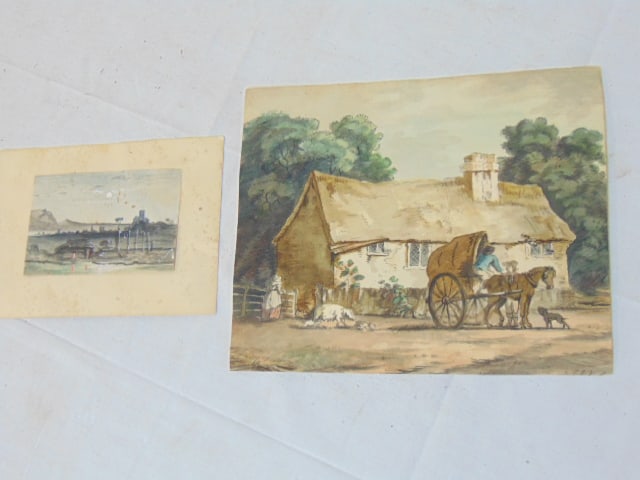 2 small watercolor paintings, miniature painting buildings by river, signed illegibly, 3" by 4.5" & (1 of 5)