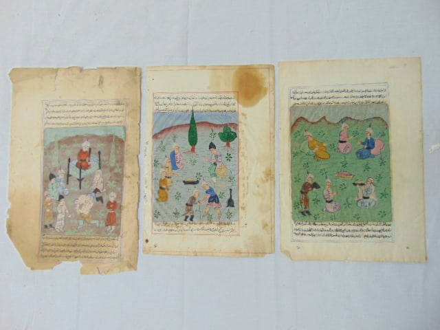 3 illustrated Persian pages, with text, large page has loss on edges (13" by 8.5" (1 of 8)