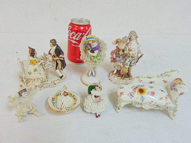7 pieces of lace porcelain, Dresden, includes piano player, girl reading on chair, aristocratic (1 of 10)