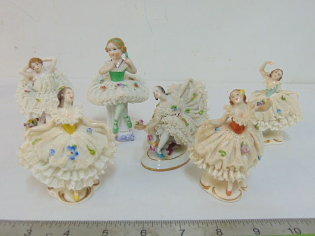 Lot 6 small porcelain ballerinas, Dresden & others, lace porcelain dresses, some chips, on dresses, (1 of 8)