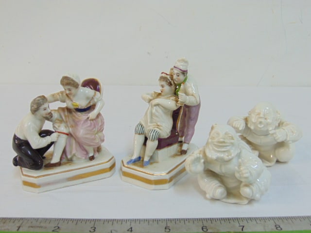 2 pair porcelain figurines, pair "naughty" figural marked "R", 3 3/8" by 2 1/8" & 2 white porcelain (1 of 7)