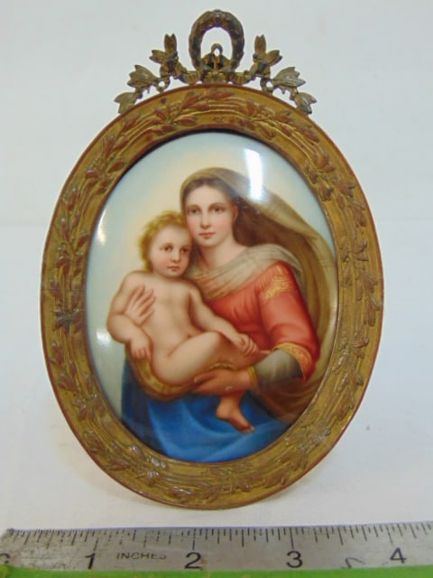 Small painting on porcelain, Madonna & child, in oval brass frame, 5.5" by 4" (1 of 4)