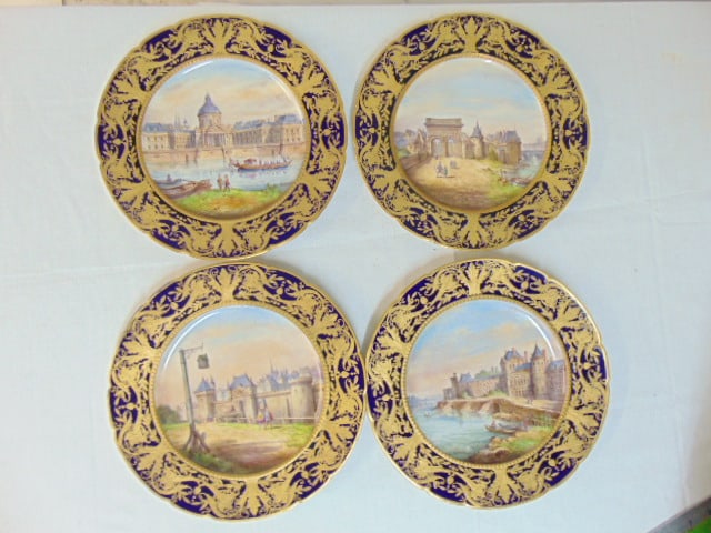 Set of 4 Sevres porcelain plates with various city scenes, with decorative cobalt & raised gilt (1 of 9)