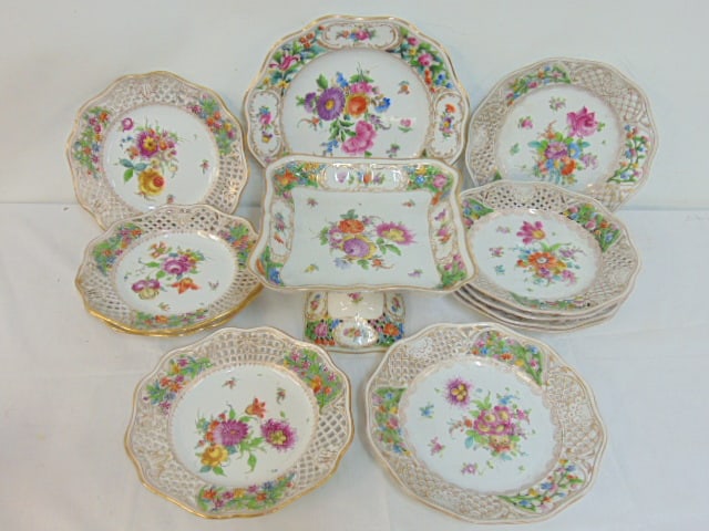 Lot of floral decorated Dresden dinnerware, 4 monogrammed lunch plates with reticulated edge, 8.5" (1 of 14)