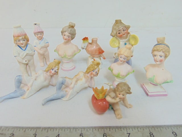 Collection of figural bisque & porcelain perfumes, 10 piece lot, various sizes, no chips, breaks (1 of 6)