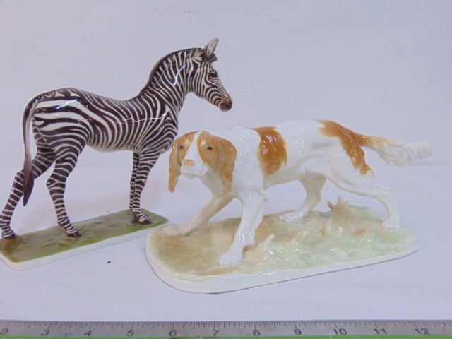 Porcelain figure of a zebra & dog, zebra signed T. Karner, repaired, hunting dog has mark, zebra is (1 of 7)