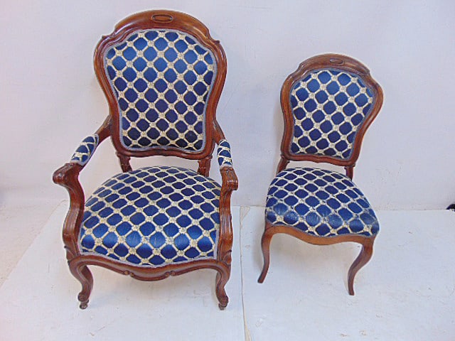 Pair Victorian chairs with rosewood frames, later upholstery, arm chair & side chair (1 of 4)