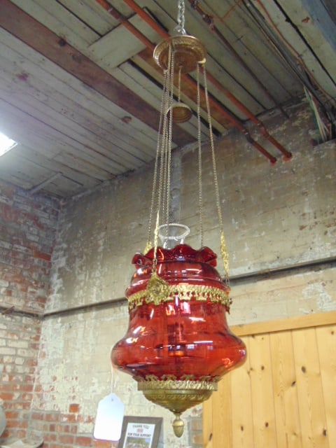 Ruby glass pull down hall fixture, chandelier, light fixture is 32" tall (including chain, as seen: Ruby glass pull down hall fixture, chandelier, light fixture is 32" tall (including chain, as seen in images), original oil lamp.