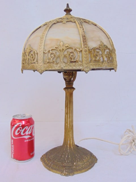 Small table lamp with slag glass panel shade, in white paint, worn, shade diameter is 9.5" in (1 of 4)