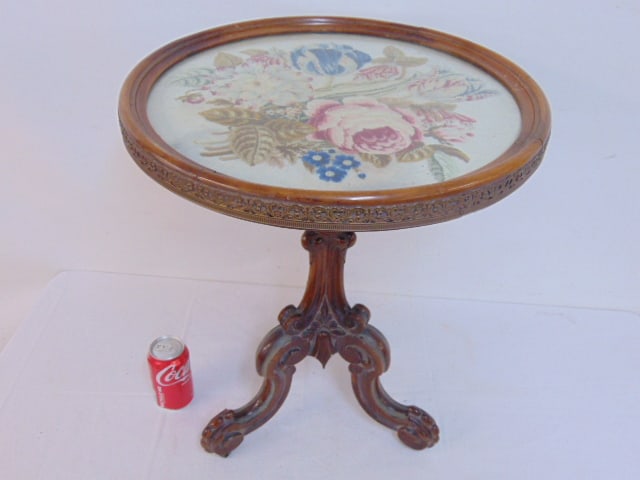 Small carved side table with needlepoint top, table is 19" in diameter, height is 22.5" (1 of 5)