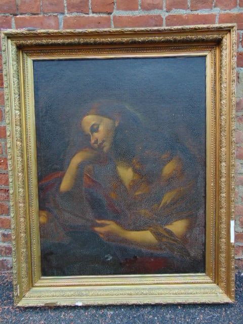 Painting, "Penitent Magdalene", oil on canvas, unsigned, canvas has extensive craquelure, canvas is (1 of 5)