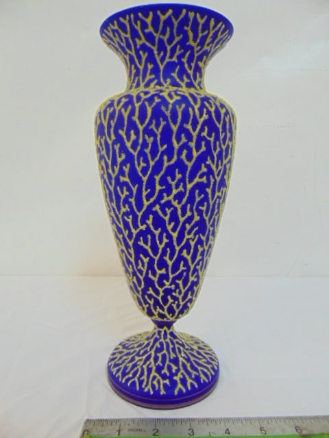 Webb Coralene vase, in blue, flea bite bottom rim, vase is 11.5" tall. (1 of 4)