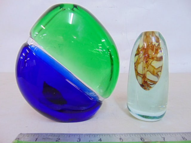 2 art glass vases, blue & green vase, unsigned, 6 5/8" tall & small vase signed Mdina, 5 3/8" (1 of 4)