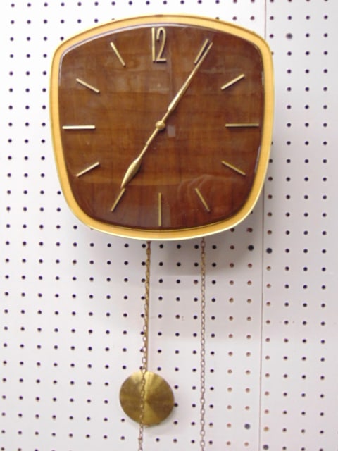 Junghans mid Century mantle clock, wood face, double weights & pendulum, case is 11" by 11", weight (1 of 4)