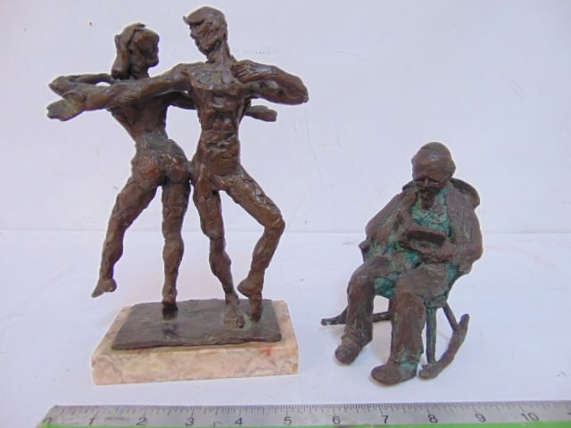 2 brutalist bronzes, old man in rocking chair by David Bardos (unsigned) 5.75" tall & Dancing: 2 brutalist bronzes, old man in rocking chair by David Bardos (unsigned) 5.75" tall & Dancing couple, signed G. Gach, on marble base, height is 9"