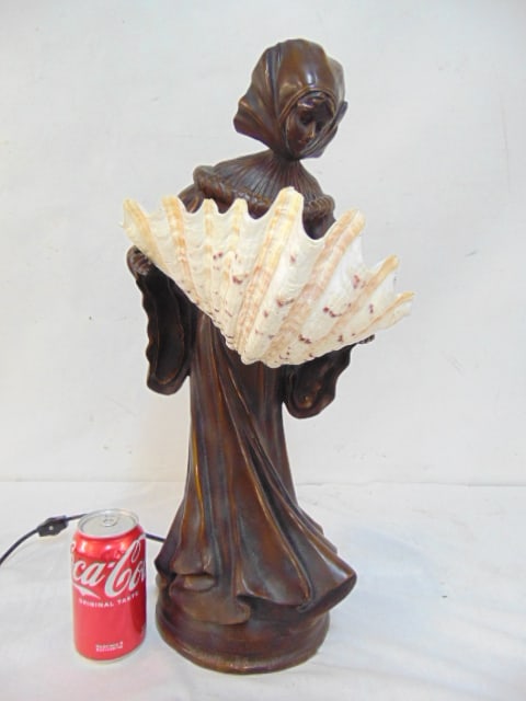 Bronze figural lamp, after Leo LaPorte-Blairsy, woman holding a seashell, height is 20.5, some age,: Bronze figural lamp, after Leo LaPorte-Blairsy, woman holding a seashell, height is 20.5, some age, not period.