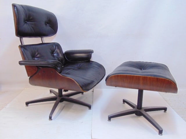 Plycraft rosewood lounge chair with ottoman, black leather, in good condition: Plycraft rosewood lounge chair with ottoman, black leather, in good condition