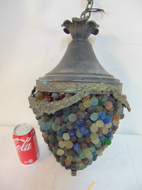 Hanging bronze fixture with colored glass beads, 17" tall. (1 of 4)
