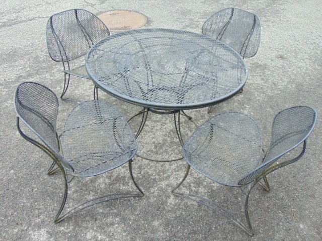 Mid Century iron round table with 4 chairs, in black, table is 42" in diameter, 27" high (1 of 6)