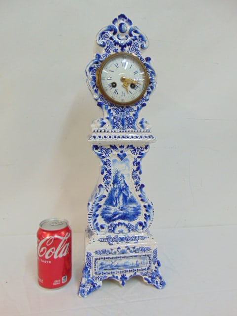 Miniature Delft porcelain grandfather or tall case clock, decorated with Dutch landscapes , flowers, (1 of 7)