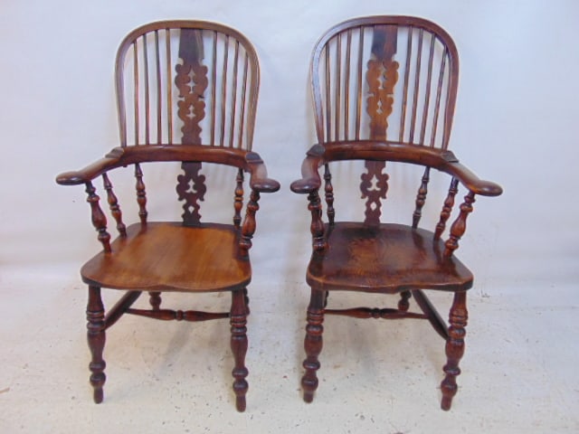 Pair Yew arm chairs, spindle backs, stretcher bases, carved back center support, 24.5" wide, 24" (1 of 5)