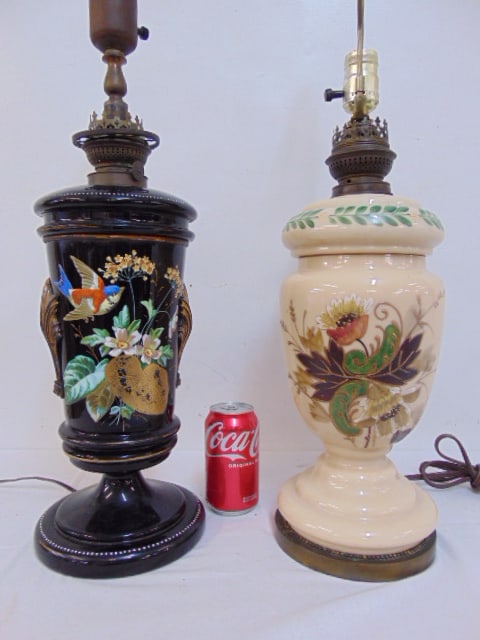 2 Bristol table lamps, one black urn form with bird & floral decoration, height is 23.5", other (1 of 6)