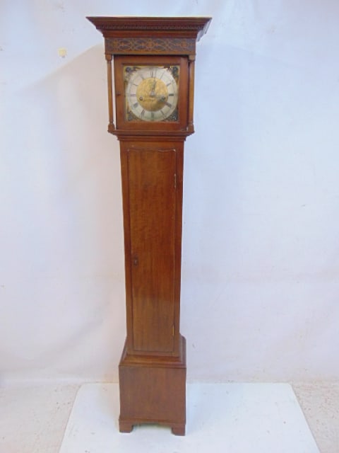 Diminutive tall case clock with chime, mahogany case with Chippendale style hood, has single tube, 2 (1 of 8)