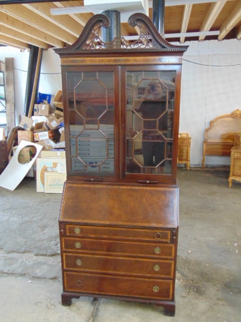 Mahogany secretary with carved & inlaid detail, secretary is 37" by 18.5", height is 89" (1 of 4)