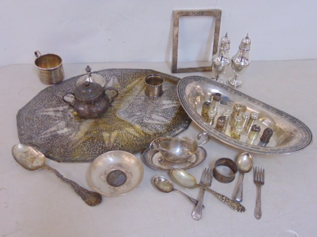 Lot sterling silver hollowware, tray, bowls, cups, frame, more, 47 troy (1 of 5)