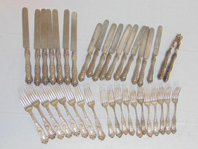 Sterling silver flatware, 19 forks "American Beauty", by Mauser Manufacturing company, (8 dinner & (1 of 9)