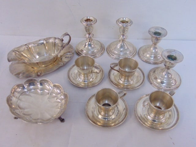 Lot sterling silver, tray, gravy boat, cups, 25.5 troy plus 4 weighted sticks. (1 of 4)