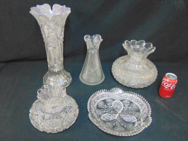 5 pieces of cut glass, tray & 4 vases, tray is 11.25" wide, largest vase is 15.5" tall, few minor (1 of 7)