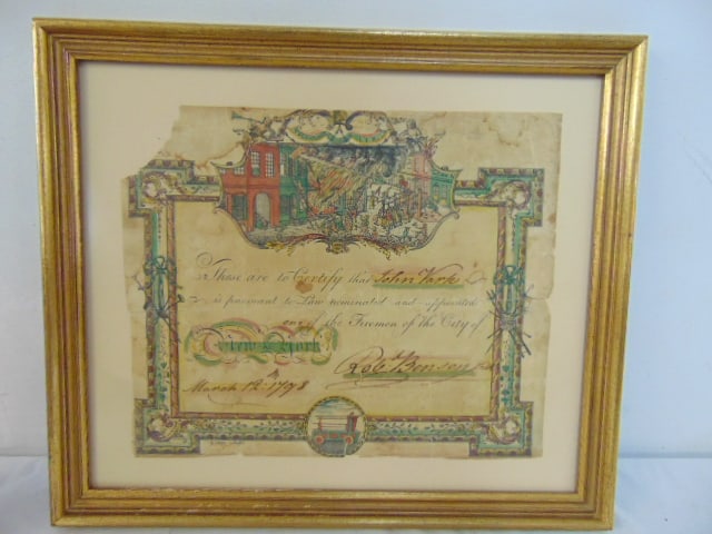 Early New York City Firemen certificate, dated 1798, issued to John Vark, signed by Rob. Benson, (1 of 6)