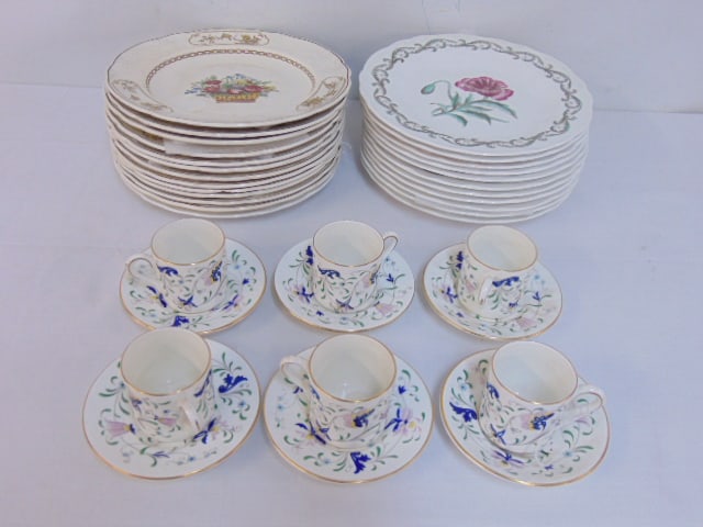 2 sets of porcelain plates & demi tasse cups, set of 13 Copeland Spode plates with flower basket (1 of 12)