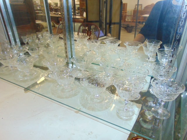 Set of crystal wheel cut stemware, 9 pedestal bowl or compotes on matching saucers plus 4 4.5" (1 of 7)