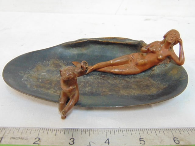 Bronze shell shaped dish with mermaid & putti on the edge, putti is loose, needs a screw, 8.5" by (1 of 4)