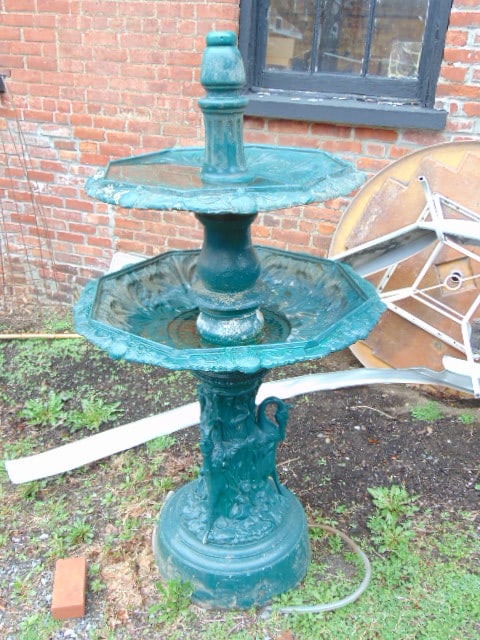 Fiske style cast aluminum garden fountain, two tiered in green paint, fountain is 64" tall, 33.5" (1 of 5)