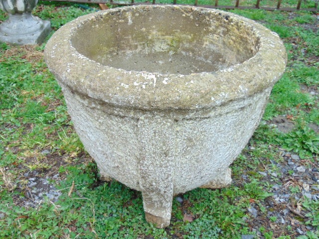 Cement garden planter, weathered appearance, urn is 19" wide, 16" tall, some loss on feet. (1 of 4)