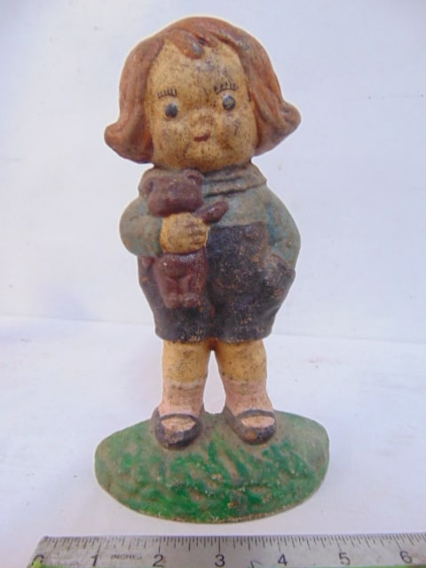 Cast iron doorstop, girl with teddy bear, 9" tall (1 of 4)