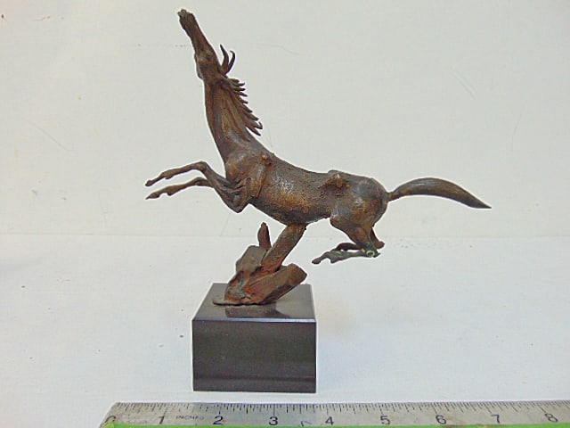 Bronze horse, signed Frank Elisco, on black stone base, 7.5" wide, height is 7 3/8" (1 of 4)