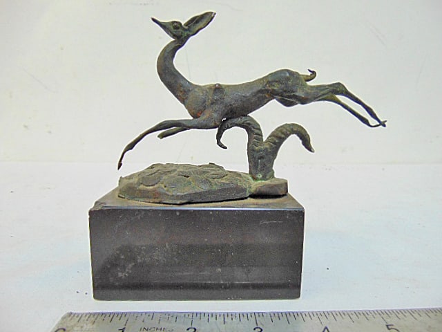 Bronze figure of a leaping deer, Frank Elisco, on black stone base, 5.5" wide, height is 5.25" (1 of 6)